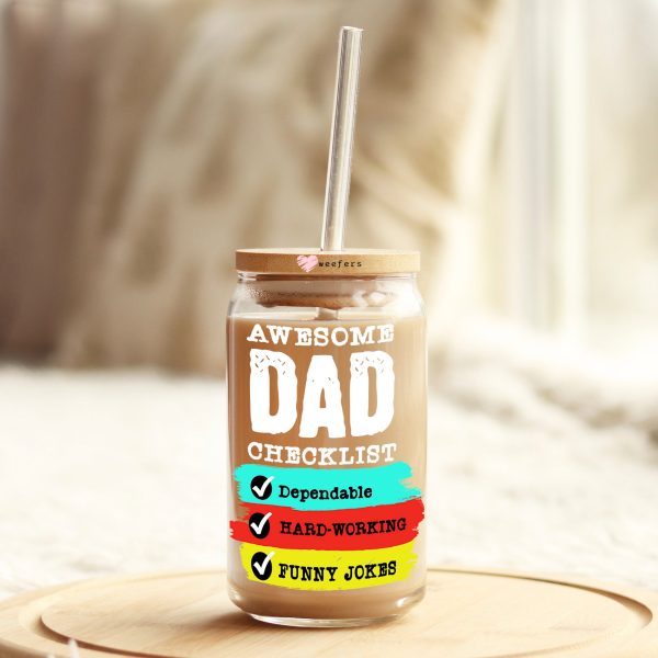 Awesome Dad Checklist Father s Day 16oz Libbey Glass Can UV DTF or Sublimation Decal Transfer Supply