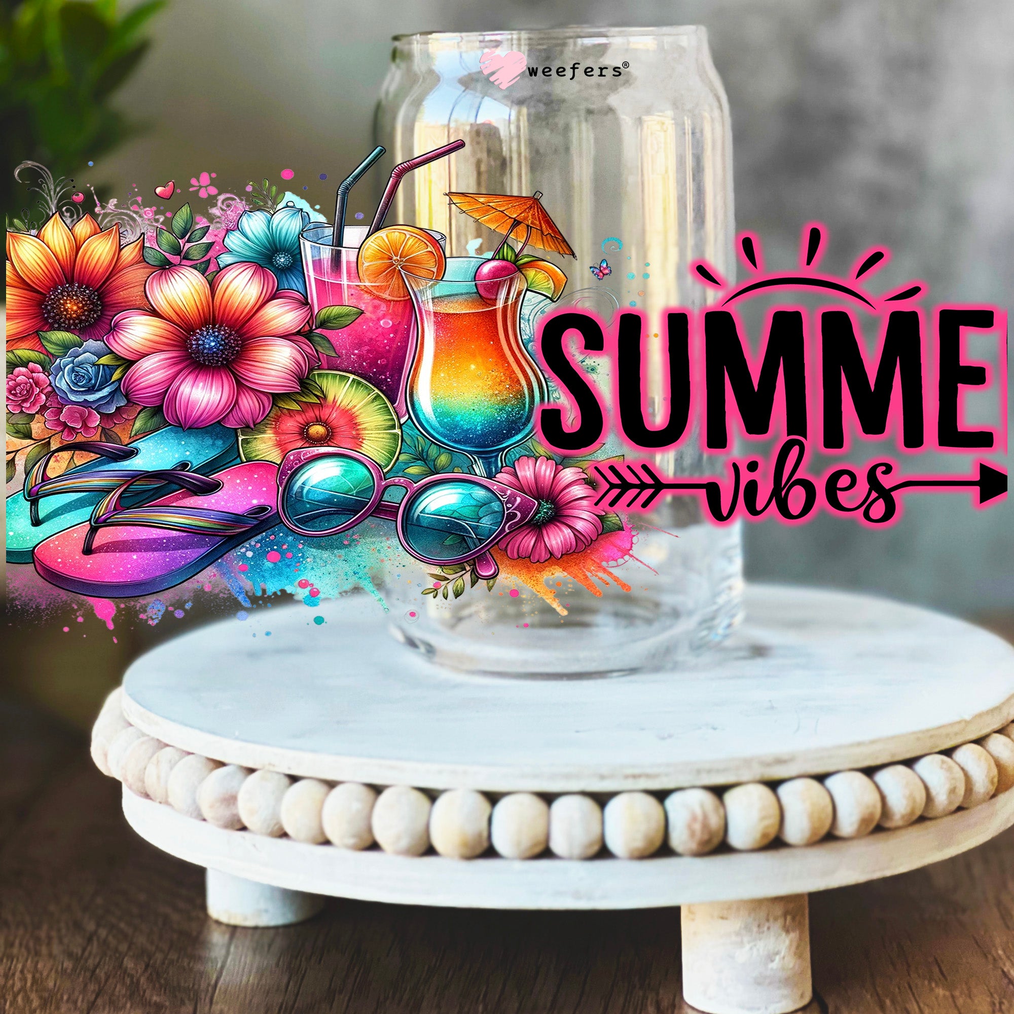 Summer Vibes Colorful Flowers 16oz Libbey Glass Can UV DTF or Sublimation Wrap Decal Transfer For Sale