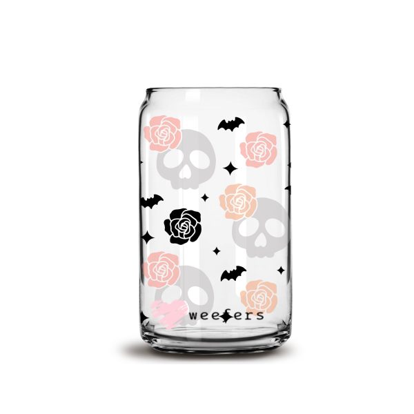 Pink Roses and Skulls 16oz Libbey Glass Can UV DTF or Sublimation Wrap - Decal Online - Image 3