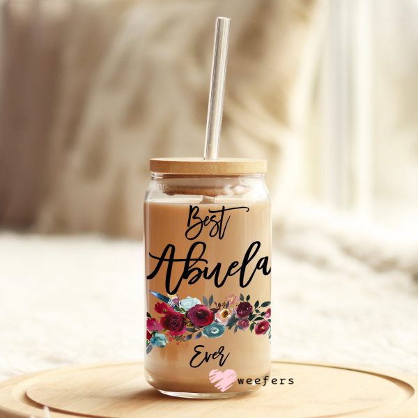 Best Abuela Ever Burgundy Floral 16oz Libbey Glass Can UV DTF or Sublimation Wrap - Decal For Discount - Image 4