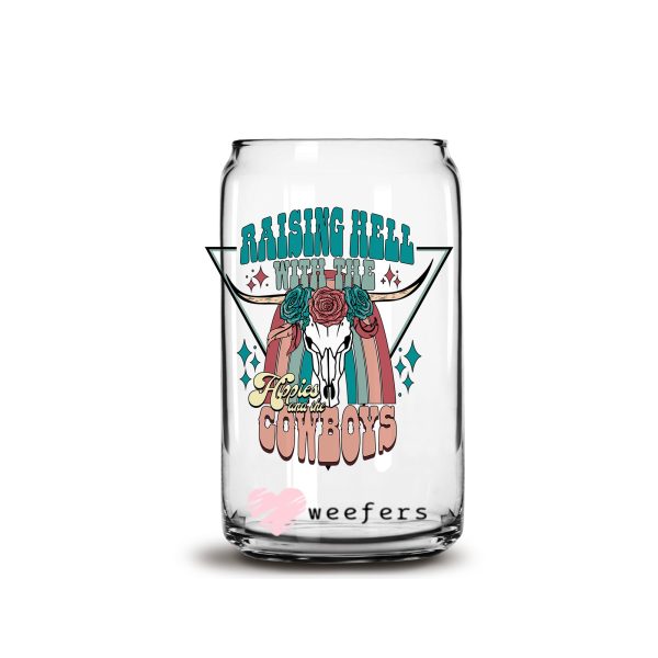 Raising Hell with Hippies and Cowboys 16oz Libbey Glass Can UV DTF or Sublimation Cup Wrap - Decal Transfer For Sale - Image 2