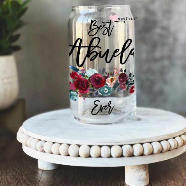 Best Abuela Ever Burgundy Floral 16oz Libbey Glass Can UV DTF or Sublimation Wrap - Decal For Discount - Image 2