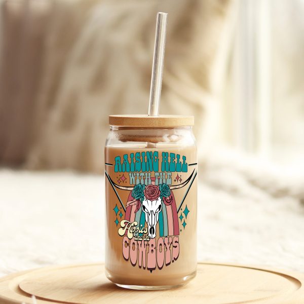 Raising Hell with Hippies and Cowboys 16oz Libbey Glass Can UV DTF or Sublimation Cup Wrap - Decal Transfer For Sale - Image 3