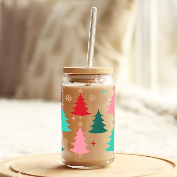Whimsical Red and Green Christmas Trees 16oz Libbey Glass Can UV DTF or Sublimation Wrap - Decal Hot on Sale - Image 3