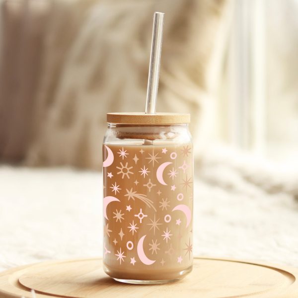 Pink Moons and Stars 16oz Libbey Glass Can UV DTF or Sublimation Cup Wrap - Decal Transfer Fashion - Image 3