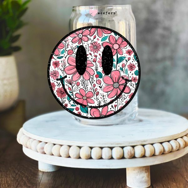 Floral Smile Face 16oz Libbey Glass Can UV DTF or Sublimation Wrap Decal Transfer on Sale
